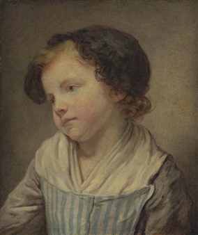 Portrait of a young girl, bust-length, in a blue and white striped pinafore with grey sleeves and a black lace bonnet - Jean-Baptiste Greuze