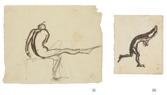 i) Coureur courbé vers la droite, un pied en l'air et les bras joints au-dessus de la tête - Étude de patineur sur glace?(ii) Homme nu de dos, assis sur un socle, la jambe droite tendue. Étude de patineur sur glace au repos - Auguste Rodin