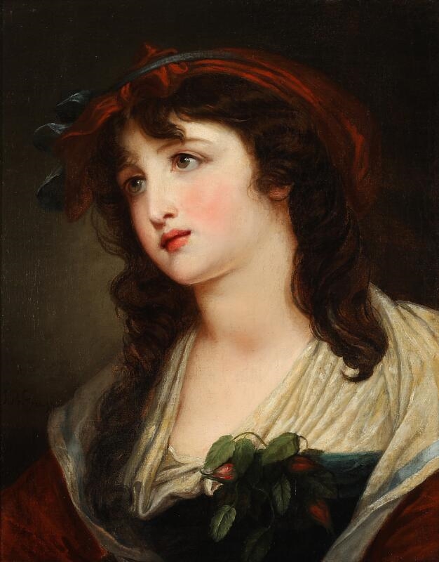 A young girl with dark hair wearing a dress embellished with roses by Jean-Baptiste Greuze