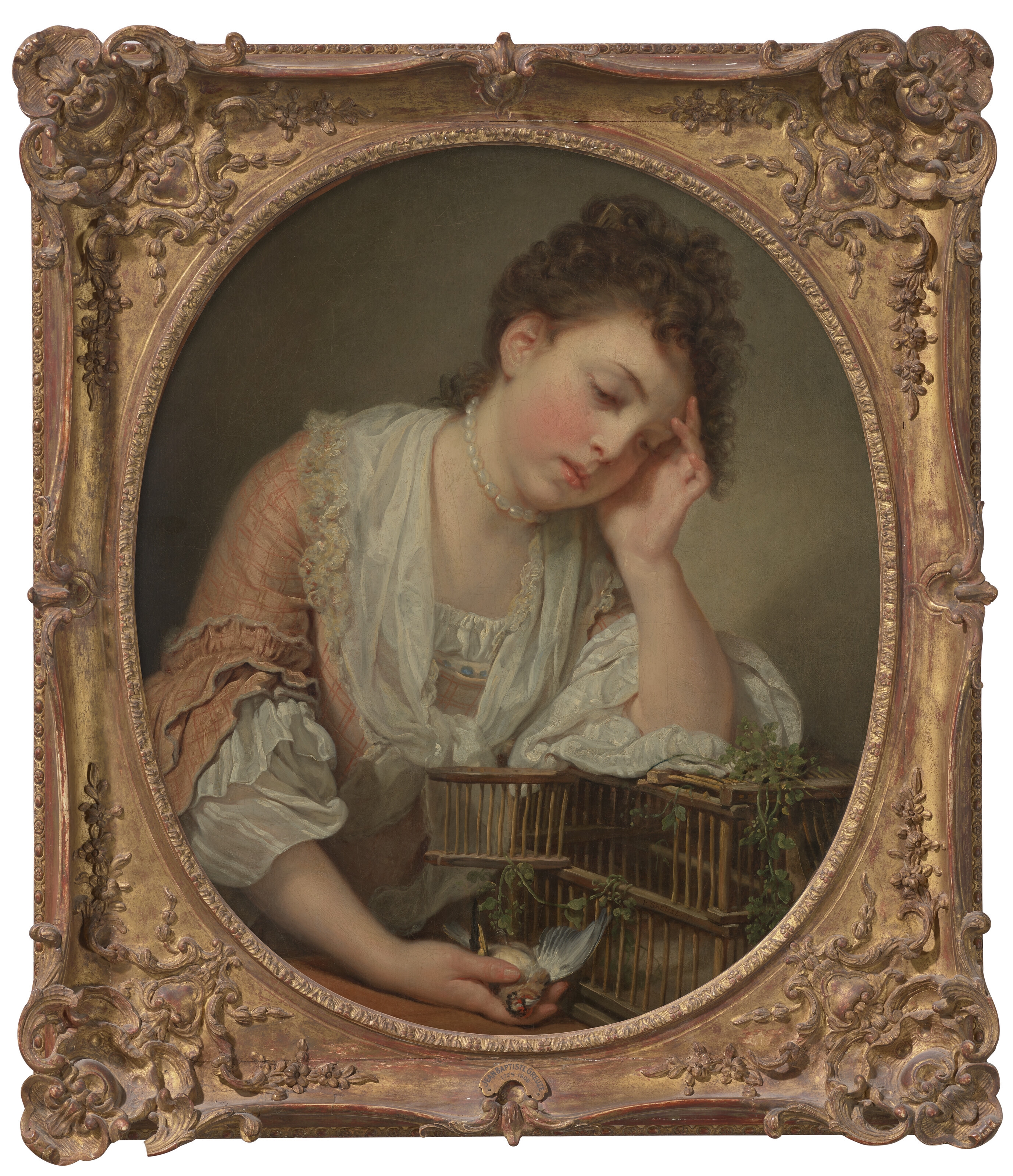 Artwork by Jean-Baptiste Greuze, Une jeune fille qui pleure la mort de son oiseau (A girl weeping over her dead bird, Made of oil on canvas